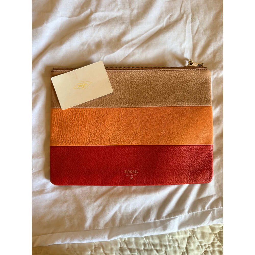 Fossil Leather‎ Colorblock Wristlet Clutch Tan Orange Red Pebbled Cowhide Bag